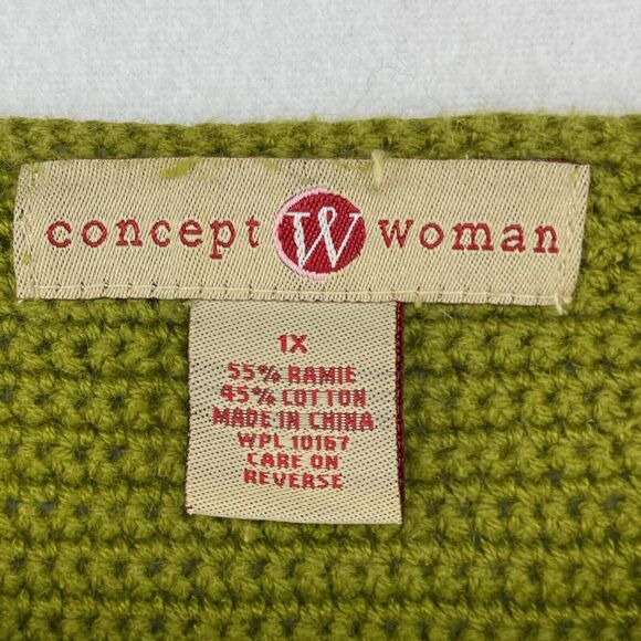 CONCEPT WOMAN Sweater 1X Ramie Cotton Crochet Jumper 3/4 Sleeve Pullover Green - Picture 8 of 11